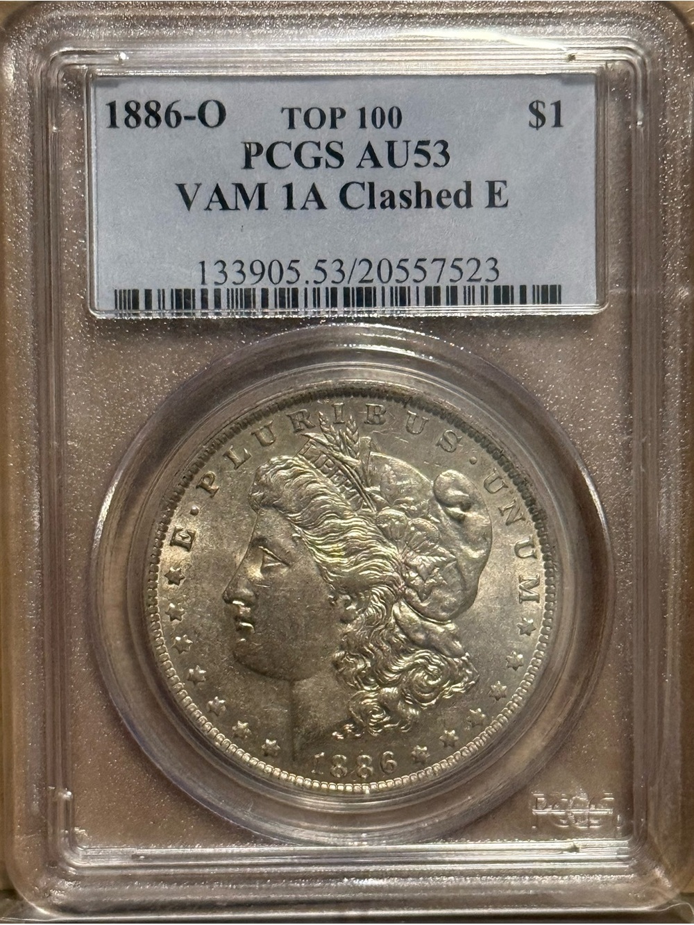 1886 O Morgan Silver Dollar, Top 100 VAM 1A Clashed E Variety • Graded PCGS AU53